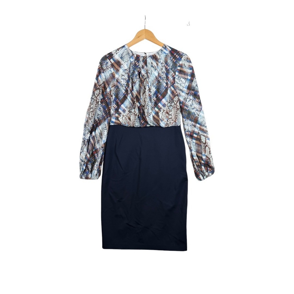 Ted Baker Navy Pencil Dress with Multicolor Printed Long Sleeves